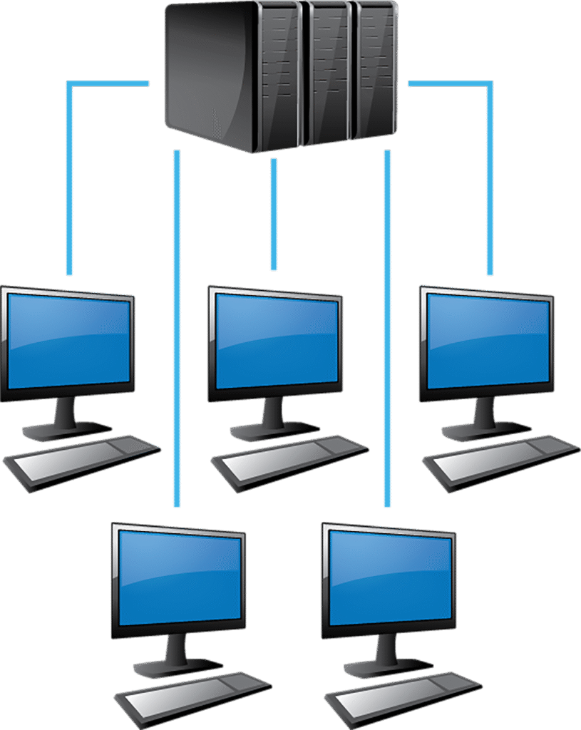 Des postes informatiques reliés à un serveur de données